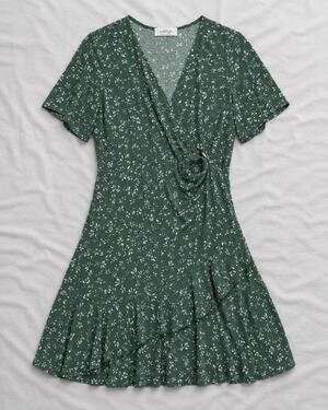 Kaileigh Women's Petite XL Floral Faux Wrap Dress with Ring Detail Green Blue